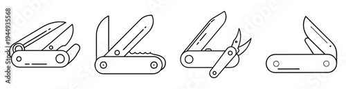 Vector illustration of multiple multi tool knives outline design arrangement