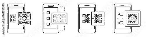 Set of vector illustrations depicting the scanning and integration of QR codes