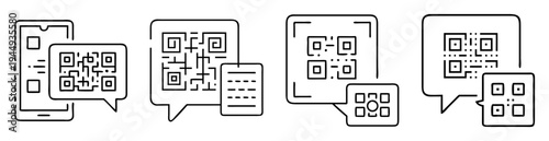 Various line art depictions of QR codes and phone screens in speech bubbles