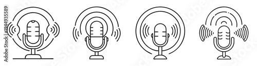 Line art illustration of four microphones emitting sound waves, broadcasting concept
