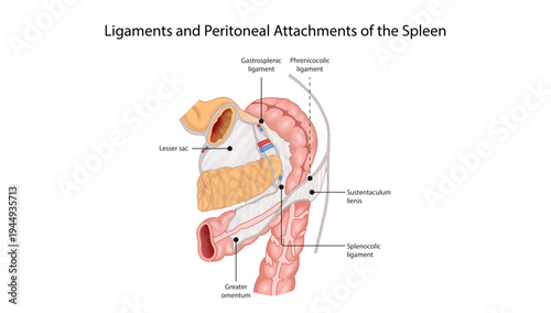 Ligaments and Peritoneal Attachments of the Spleen, the gastrosplenic, phrenicocolic, and splenocolic ligaments along with the lesser sac and greater omentum around the spleen.