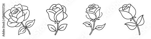 Outline drawing of four rose flowers with leaves on white background