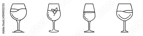 Four simplistic line drawing illustrations of various types of wine glasses