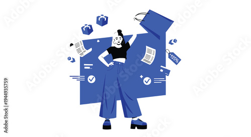 Vector illustration of woman surrounded by business documents and icons