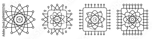 Collection of stylized interconnected microchips featuring circular and orbital patterns in black and white