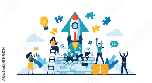 Set of business people launching rocket vector illustration