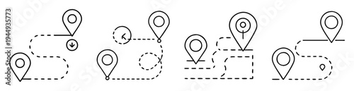Outlined map pin icons arranged to illustrate different routes or directions