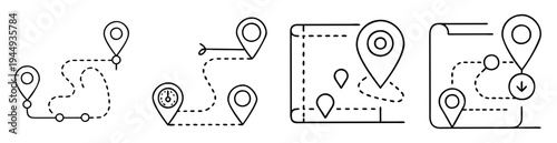 Outline style icon set depicting location pin, map with route and navigation
