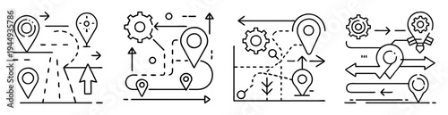iconographic representation of navigation direction and route optimization using map pin markers