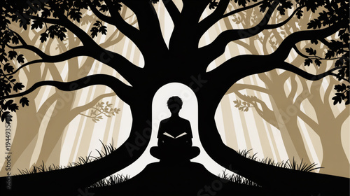 Vector illustration of a meditating person in a forest, silhouette, black and beige