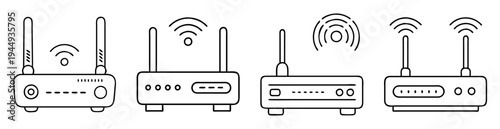 Illustration of Four Wireless Router Devices with Antennas and Signals