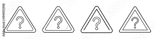 Black and White Line Art of Four Triangle Warning Signs with Question Marks