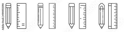 Black and white line art illustration of pencils and rulers pairs
