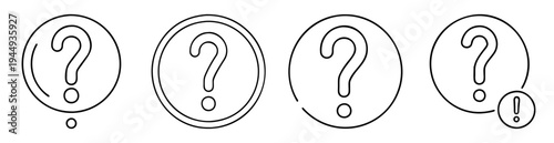 Various outlined question mark icons within a circle in black and white