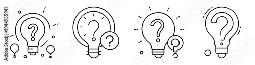 Collection of Lightbulb and Question Mark Outline Icons in Black and White