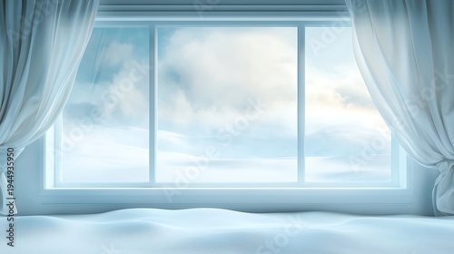 Snowy Winter Scene Through Elegant Window Drapes with Soft Light and Cloudy Sky