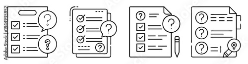 checklist and survey icons with question marks and magnifying glass concept
