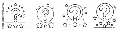 Four Unique Question Mark Designs with Stars and Circles in Black Outline