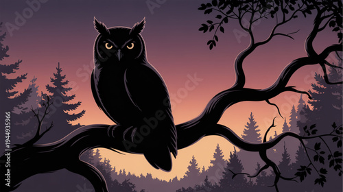 Vector illustration of a black owl on a tree branch at sunset