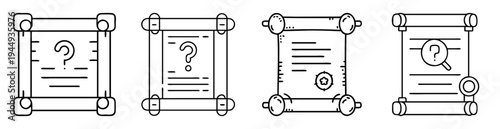 Four stylized ancient scrolls with question marks and magnifying glass icon