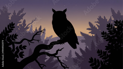 Vector silhouette of owl on tree branch at sunset
