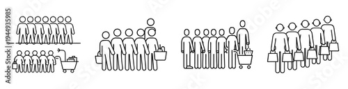 Black and white illustrations depicting people in a queue or waiting line