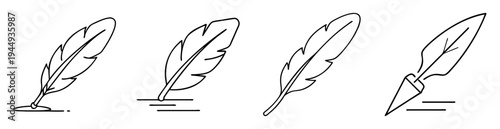 Four stylistic feather quill icons isolated on a white background design