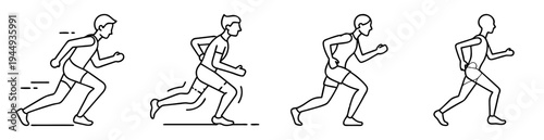 Four variations of athletic runners sprinting in a black and white drawing