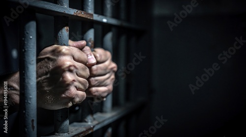 Close-up of a person's hands gripping rusty metal prison bars in a dark, somber cell, symbolizing confinement and despair.