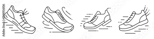 Four line art running shoe icons with motion lines symbolizing movement