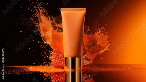 Rich orange cosmetic tube with gold accents, in a dynamic burst of shimmering orange particles and glitter on a black background, luxury beauty concept.