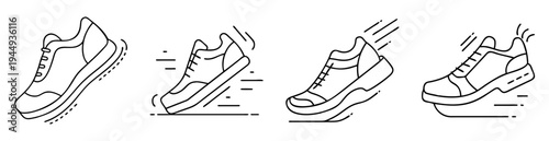 Line art illustration showcasing dynamic movement with four running shoe depictions