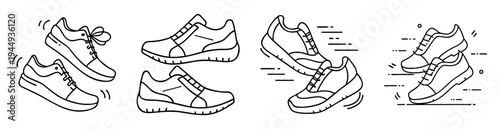Black and white line art illustration of four pairs of sneakers