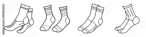 Collection of patterned socks in simple monochrome drawings, ready to be colored