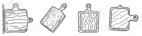 Set of four handdrawn wooden cutting boards with varying wood grain patterns