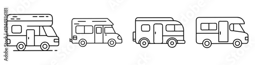 Simple Black and White Outline Illustration of Four Different Camping Vans
