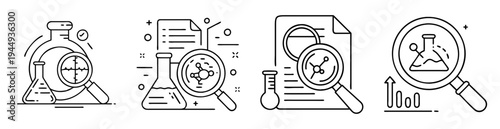 Collection of linear icons depicting scientific analysis and research tools