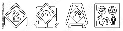 Safety and Warning Sign Icons Depicting Various Hazards and Precautions