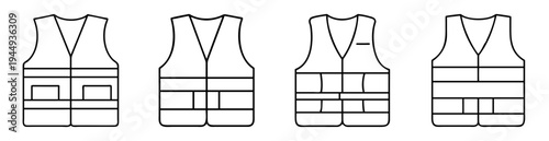 Illustration of four safety vests with multiple pockets and unique variations
