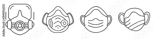 Line art illustrations of four different styles of protective face masks