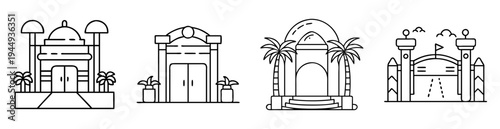 Four stylized travel destinations with architectural features and surrounding foliage