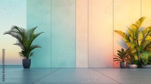 Serene Indoor Space with Colorful Walls and Lush Green Plants for Relaxation and Inspiration