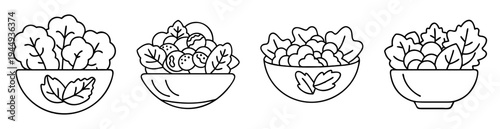 Four bowls of fresh salads isolated on white background line art