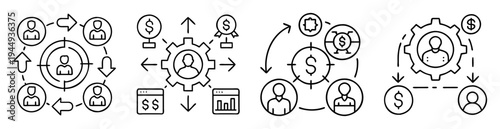 Business development, teamwork, customer targeting, process management, revenue generation, and organizational growth illustrations