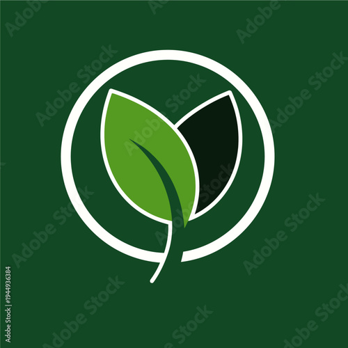 A logo featuring two stylized leaves, one green and one dark, enclosed within a white circular outline on a deep green background.