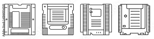 Four line art illustrations of retro gaming cartridges and components