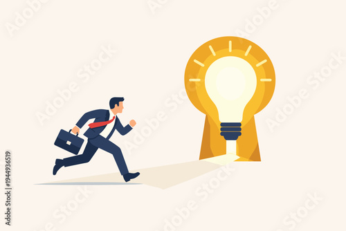 Ambitious businessman running towards a keyhole shaped like a glowing light bulb, symbolizing the search for innovative ideas, creative solutions, business success, and a bright future vision.