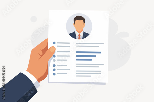 Vector Illustration of a Businessman Hand Holding a Professional CV Resume Profile of a Male Candidate; Concept for Recruitment, Hiring Process, Human Resources, and Job Application Search.