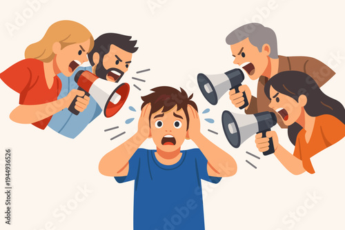 Vector illustration of a scared young boy covering his ears while a group of angry people scream at him through megaphones, depicting social pressure, verbal abuse, bullying, and mental stress.