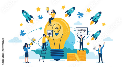 Vector illustration of business people around a lightbulb with creative ideas